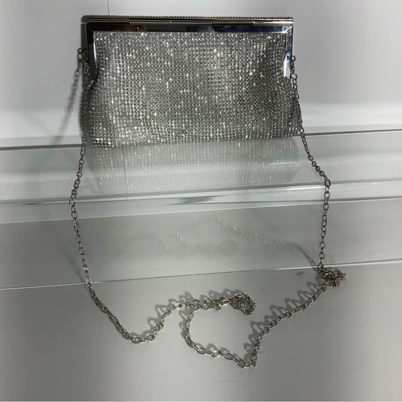 Natasha Shoulder Silver Sparkly Gem Clutch Special Occasion Evening Bag Chain - Picture 10 of 14